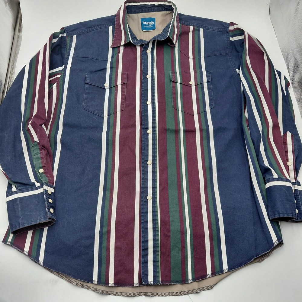 Wrangler Western Shirt Mens 2XL Pearl Snap Long Sleeve Striped Navy 
Brushpopper - Picture 2 of 8